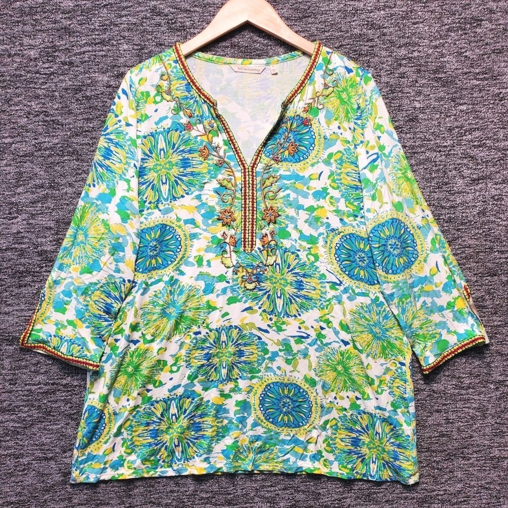 Soft Surroundings Tunic Top Women M Blue Green Embroidered Medallion Boho Resort
